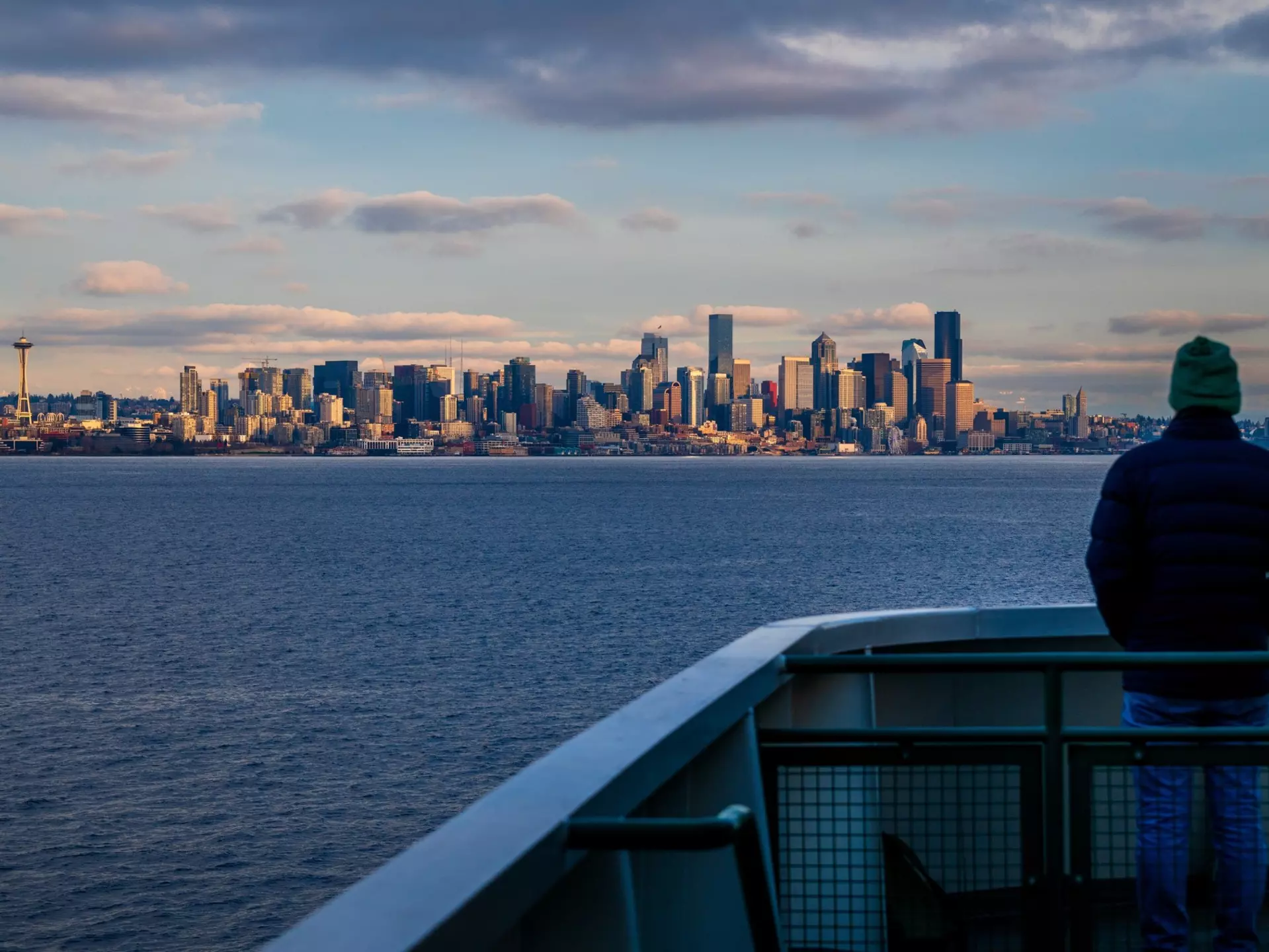 Aboard the Washington State Ferry with views of the Seattle Skyline. Traveling from Bainbridge Island to the Coleman Dock across Elliott Bay with spectacular views of the Seattle waterfront.