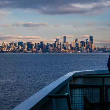 Aboard the Washington State Ferry with views of the Seattle Skyline. Traveling from Bainbridge Island to the Coleman Dock across Elliott Bay with spectacular views of the Seattle waterfront.