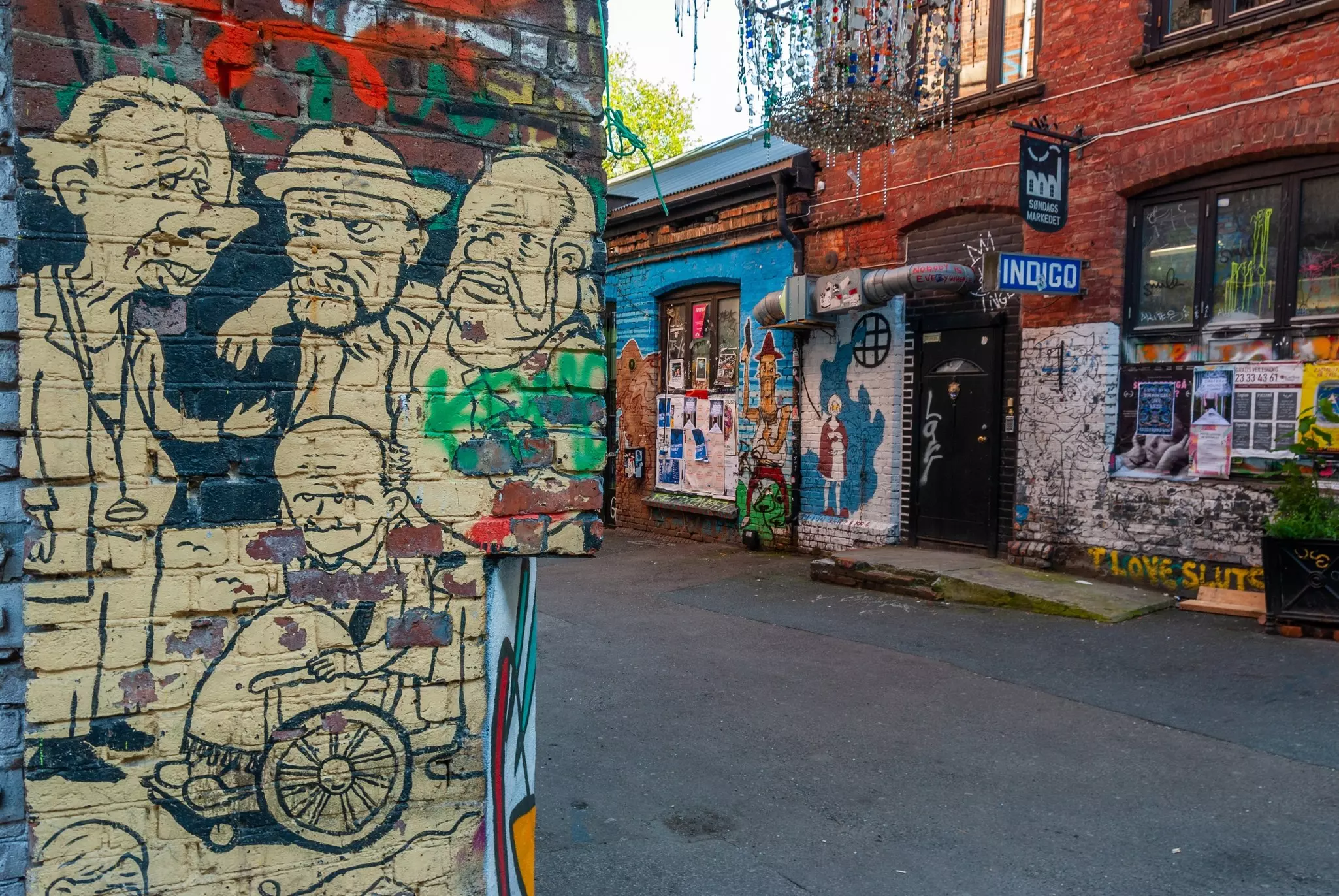 The exterior of a building with street art in the Grunerlokka district of Oslo