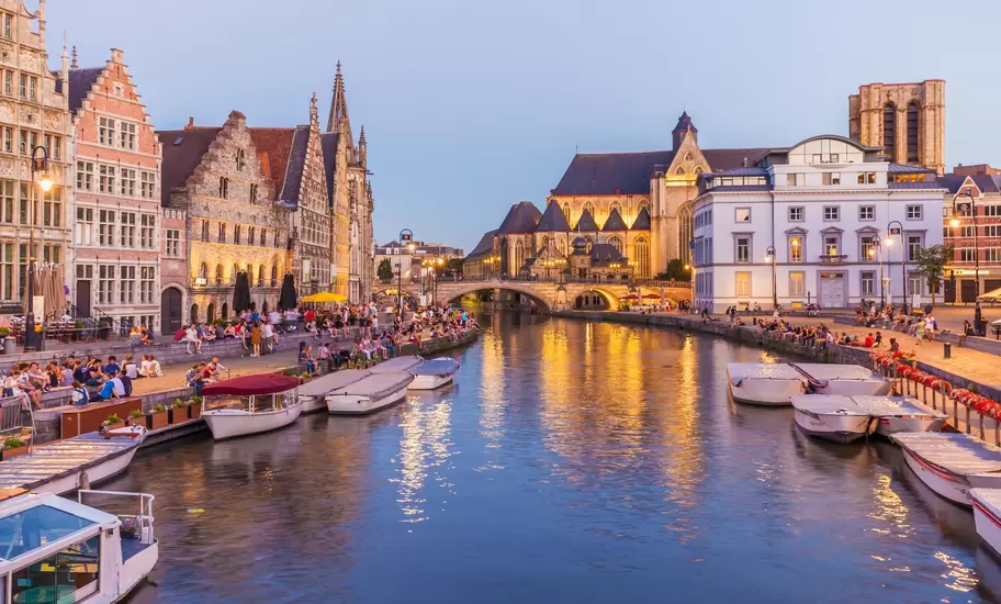 The River Leie in Ghent's old town at dusk, Belgium