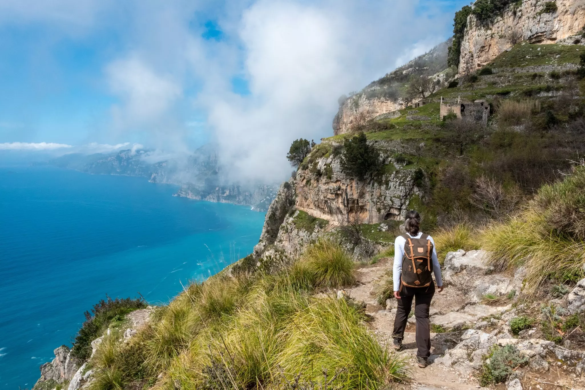 Hiking the famous path Sentiero degli Dei, the path of Gods at the Amalfi coast, Southern Italy, License Type: media, Download Time: 2025-05-29T16:32:06.000Z, User: rhylton_redventures, Editorial: false, purchase_order: 65050 - Digital Destinations and Articles, job: Lonely Planet, client: wip, other: Rhianydd Hylton