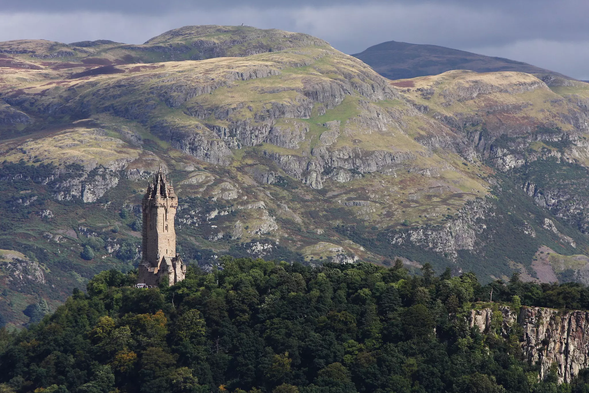 View of the Wallace monument from the castle of Stirling in Scotland.