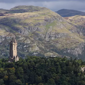 View of the Wallace monument from the castle of Stirling in Scotland.