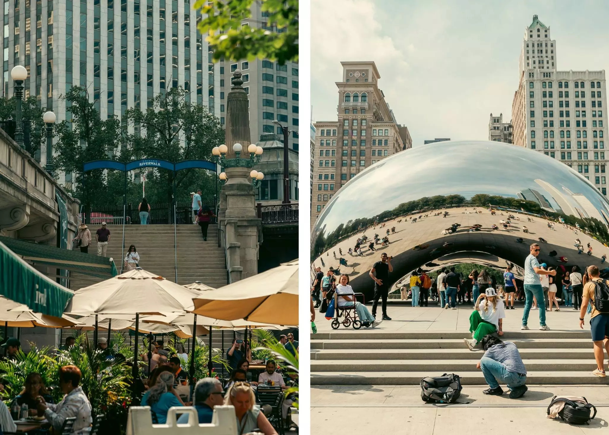 Collage for best July 4/America 250 celebrations in the US

Left: Riverwalk, River North, Chicago. Right: Cloud Gate, AKA "The Bean," at Millennium Park. Loren Toney for Lonely Planet (2)