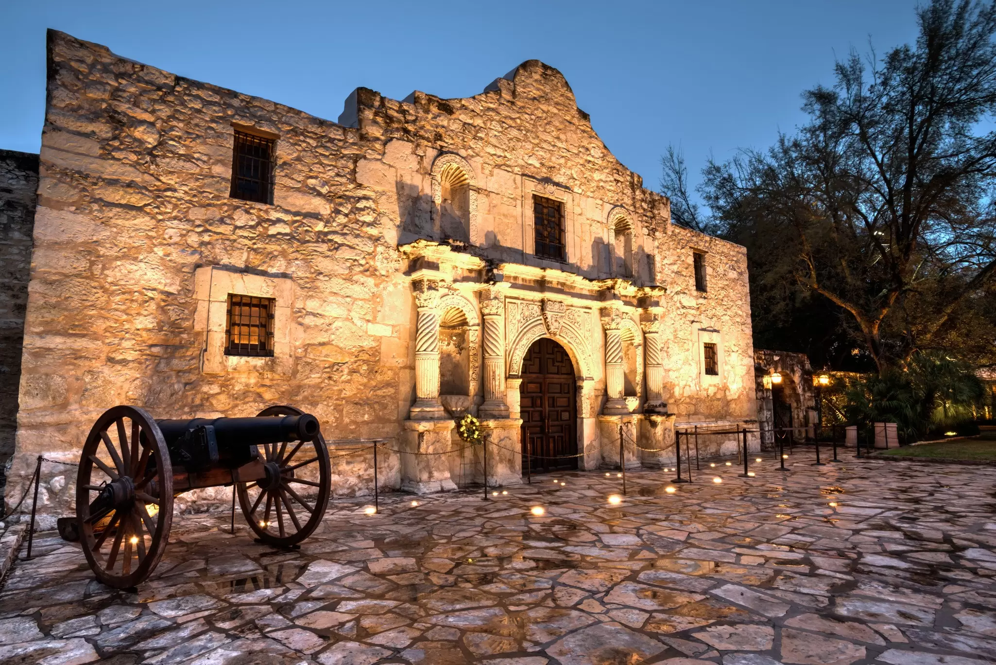 The illuminated exterior of The Alamo in San Antonio. 400tmax/Getty Images