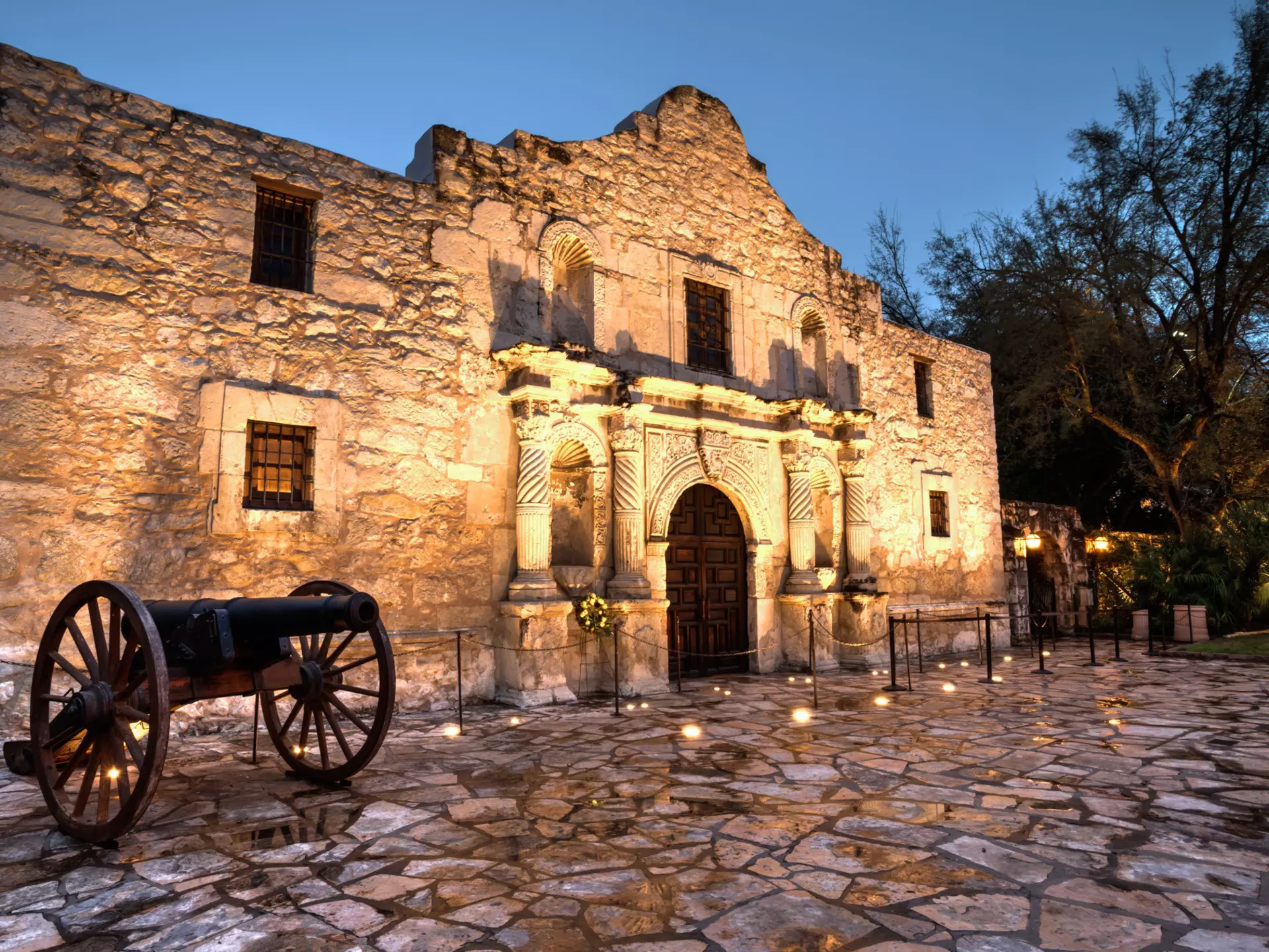 The illuminated exterior of The Alamo in San Antonio. 400tmax/Getty Images