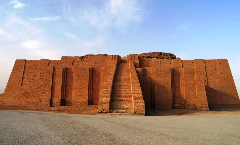 Reconstructed mud-brick Ziggurat of Ur in southern Iraq, its central stairway rising up the buttressed facade