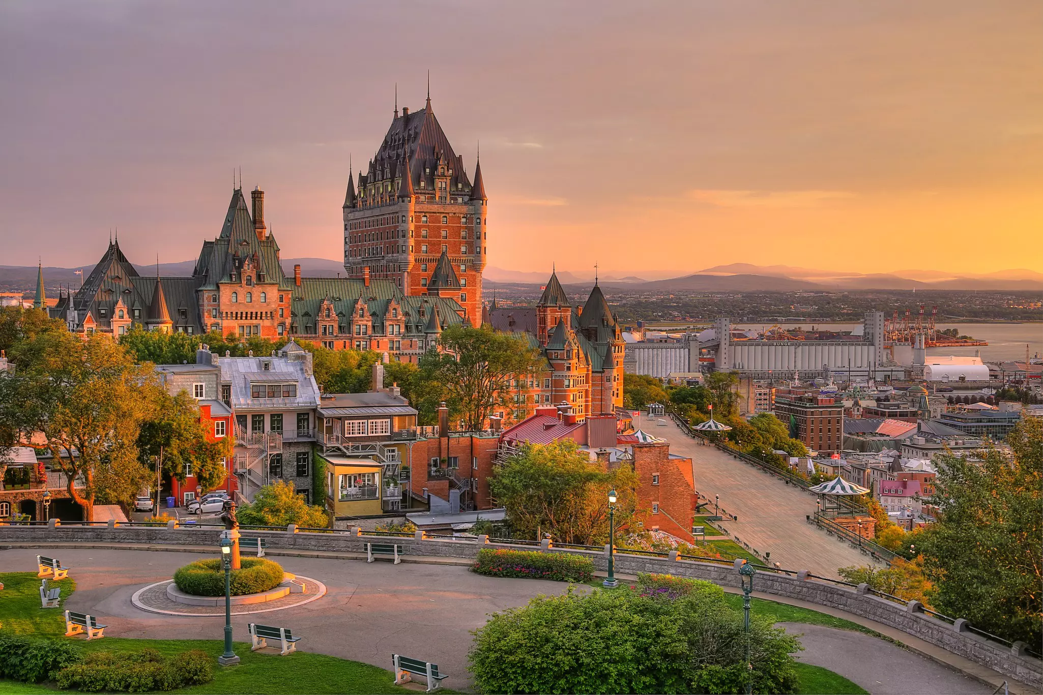 Frontenac Castle hotel in Old Quebec City in sunrise light, Canada