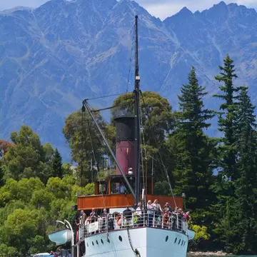 QUEENSTOWN, NZ - JAN 16 2014:TSS EarnslawIt's steamship one of the oldest tourist attractions in Otago and the only remaining commercial passenger coal-fired steamship in the southern hemisphere.  License Type: media  Download Time: 2023-04-21T10:36:32.000Z  User:   Is Editorial: Yes  purchase_order:   