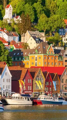 Boats at the quay at Bryggen in the city Bergen in Norway