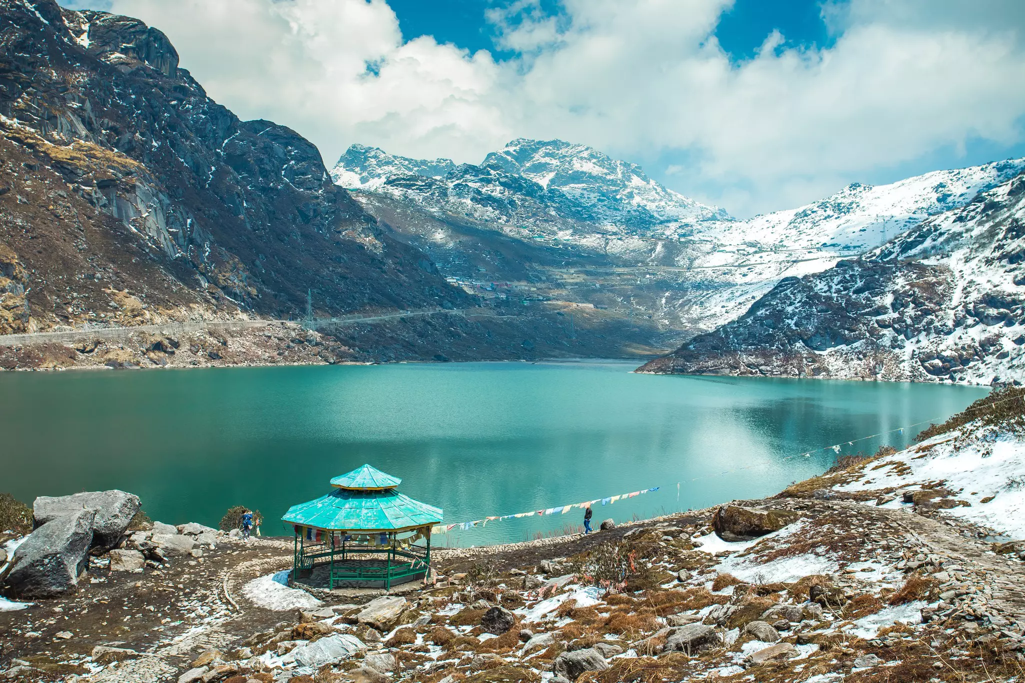 Tsangmo Lake in Sikkim, India. Surrounded by snowcapped mountains. 