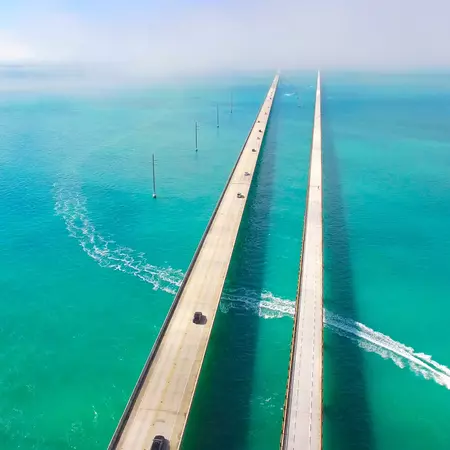An aerial view of cars on the overwater highway in Florida. 