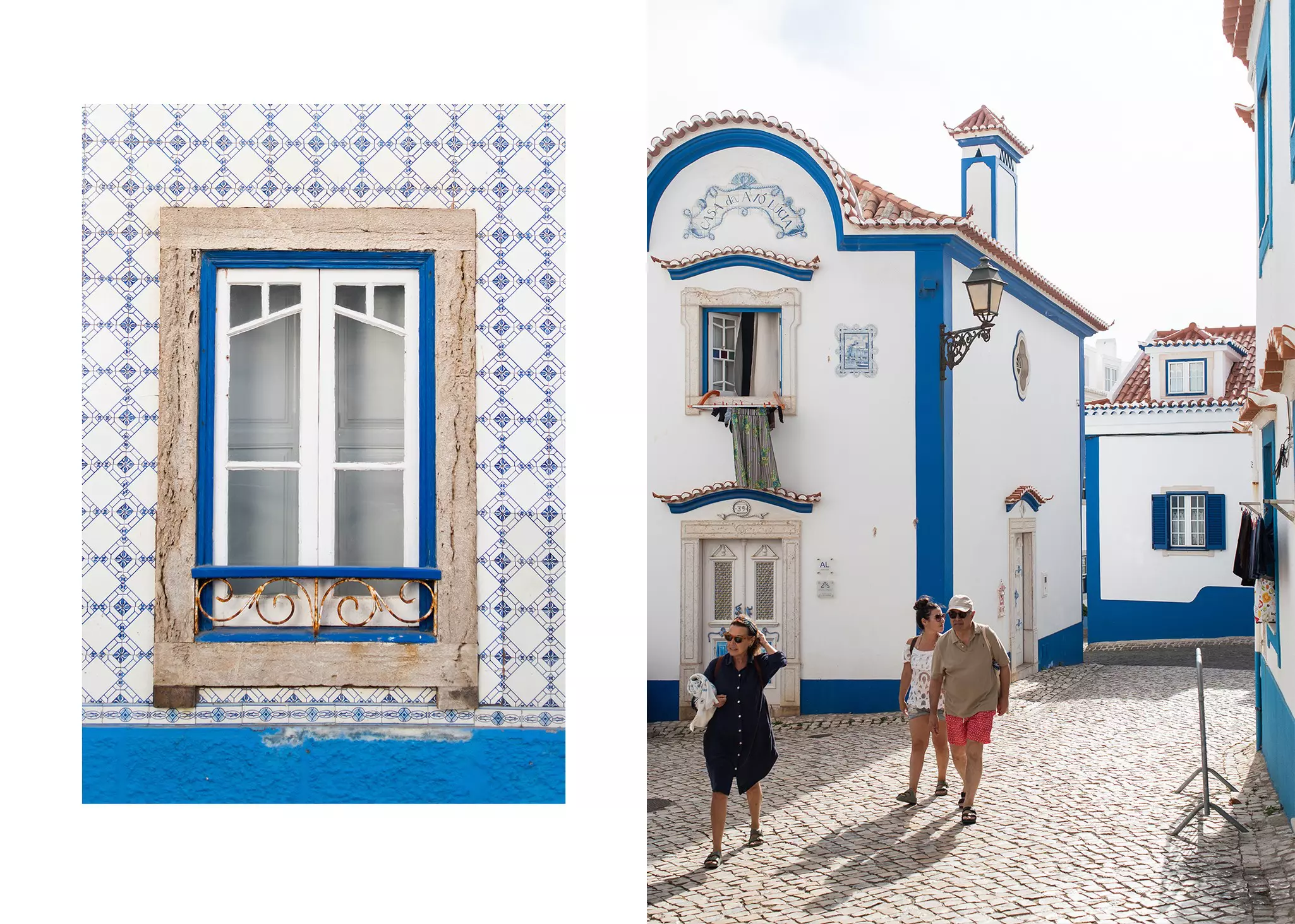 Left: Window surrounded by blue and white Portuguese tiles. Right: People walking on a quiet cobbled street, lined with whitewashed houses with tiled terracotta roofs.