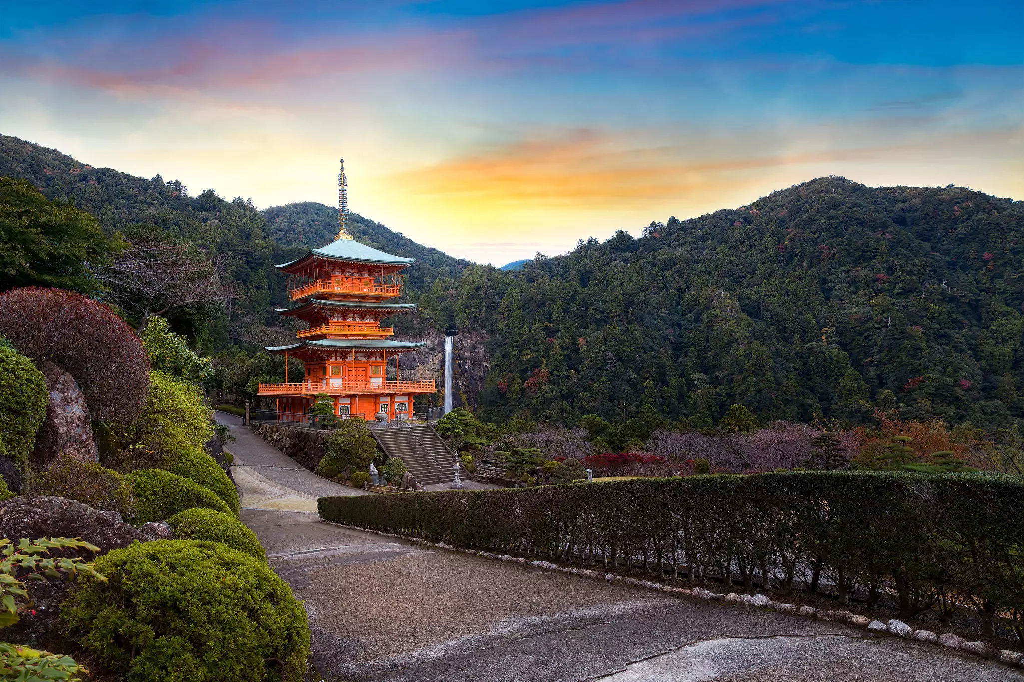 Pagoda of Seiganto-ji Temple at Nachi Katsuura with Nachi no Taki fall in Wakayama, Japan.