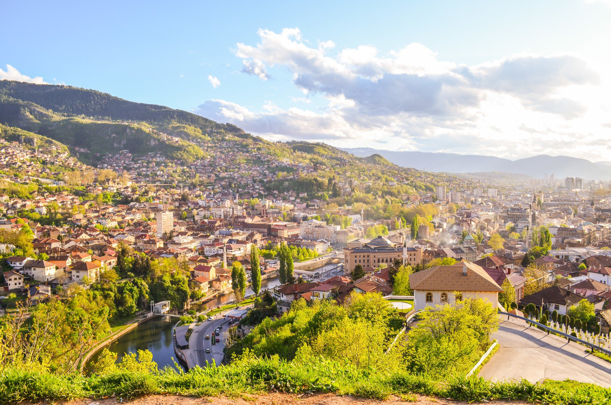 Aerial of Sarajevo during spring on a sunny day.