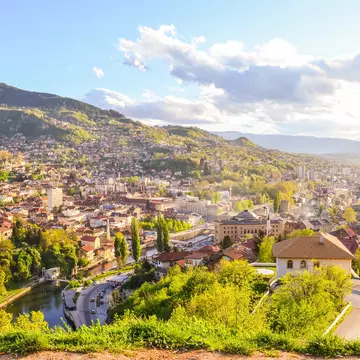 Aerial of Sarajevo during spring on a sunny day.