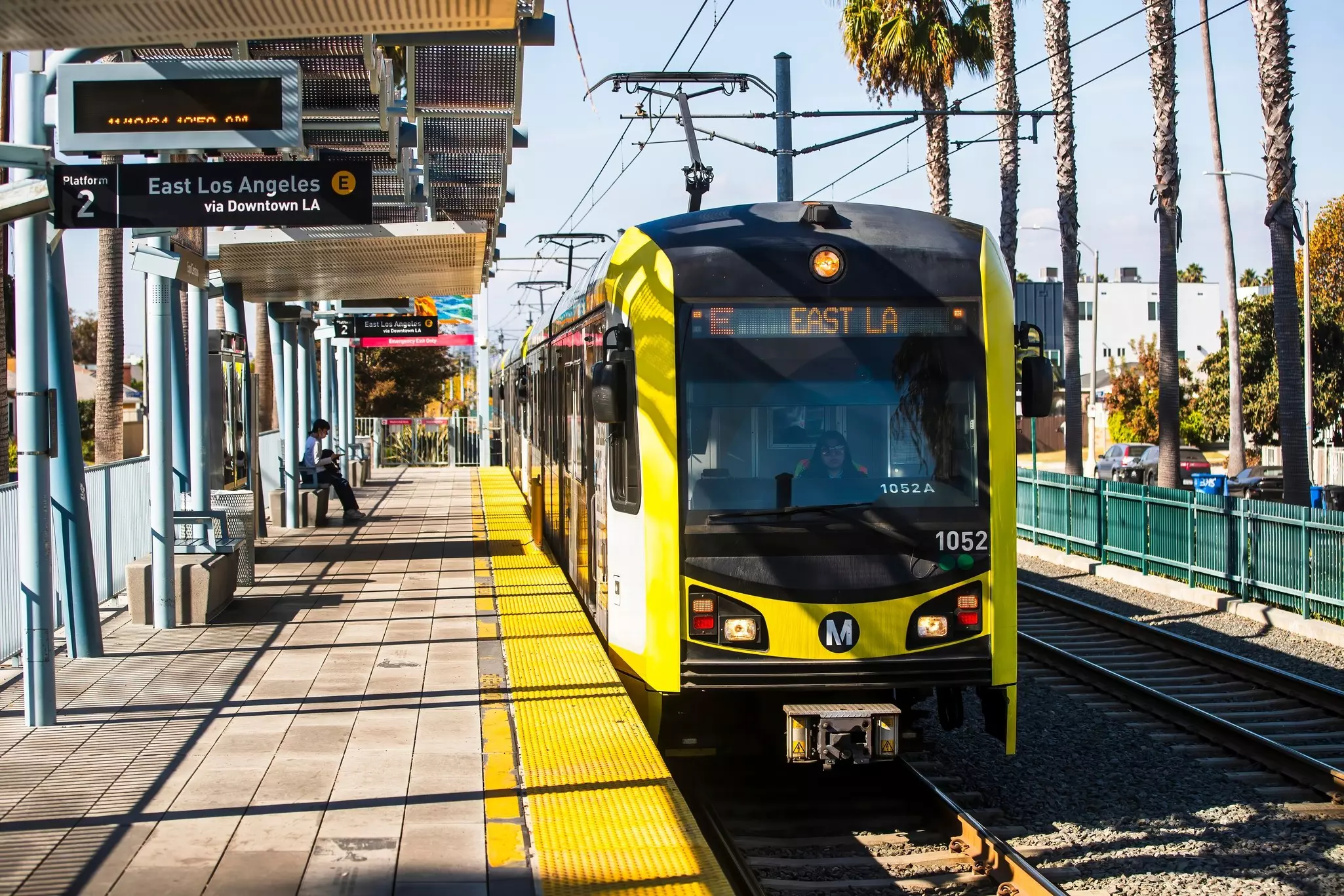 An E Line train on the Metro network in Los Angeles, California, USA.