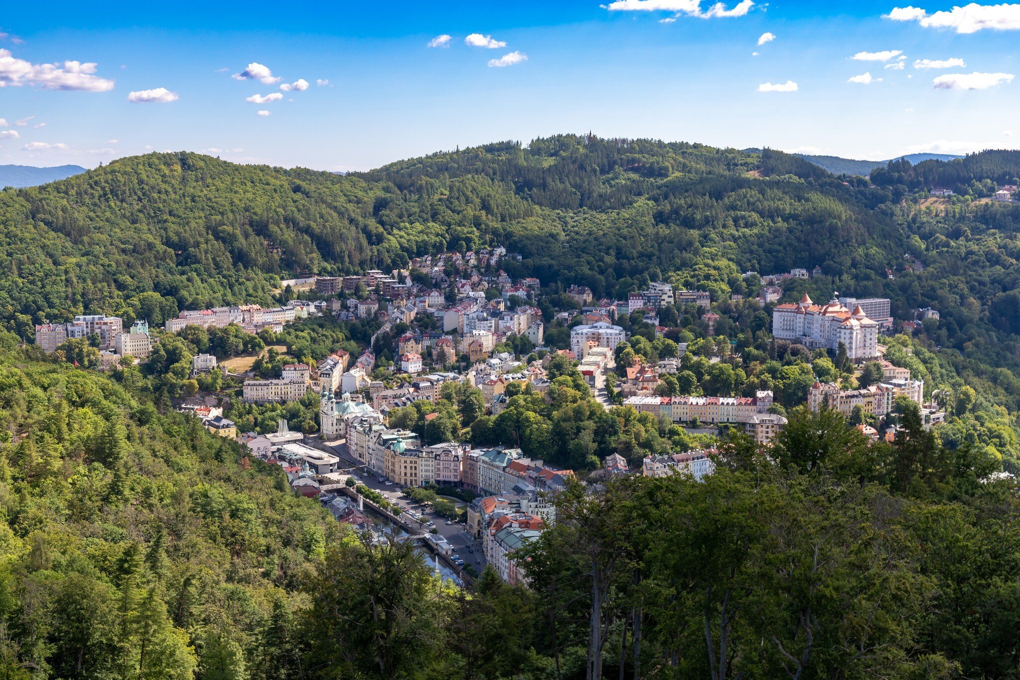 Karlovy Vary, Czech Republic. View of the city of Karlovy Vary from the Diana Watchtower, a lookout tower in the spa town of Karlovy Vary, West Bohemia, Czech Republic. 