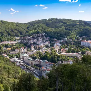 Karlovy Vary, Czech Republic. View of the city of Karlovy Vary from the Diana Watchtower, a lookout tower in the spa town of Karlovy Vary, West Bohemia, Czech Republic. 