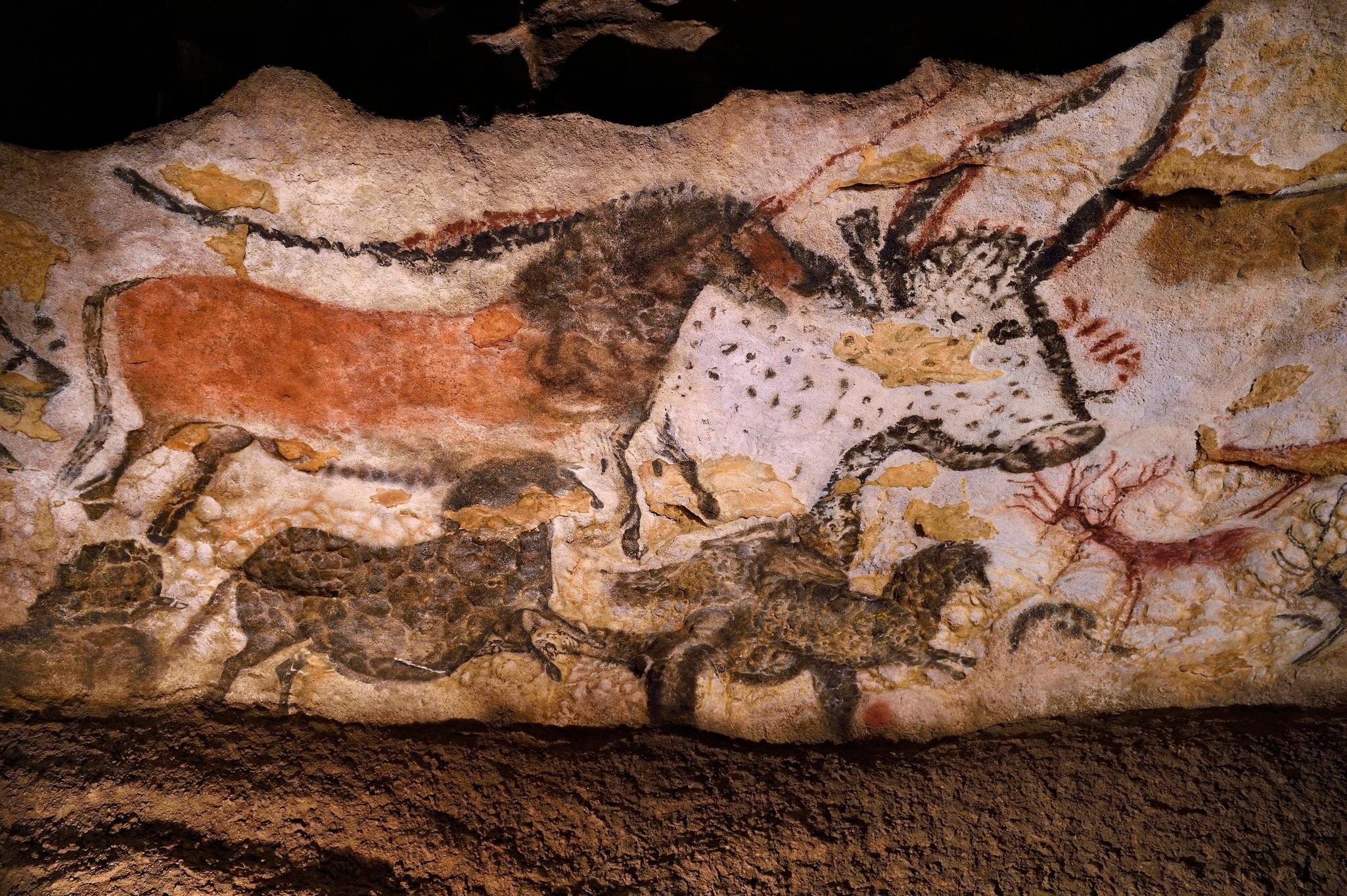 Reconstruction of cave paintings of animals inside Lascaux II.