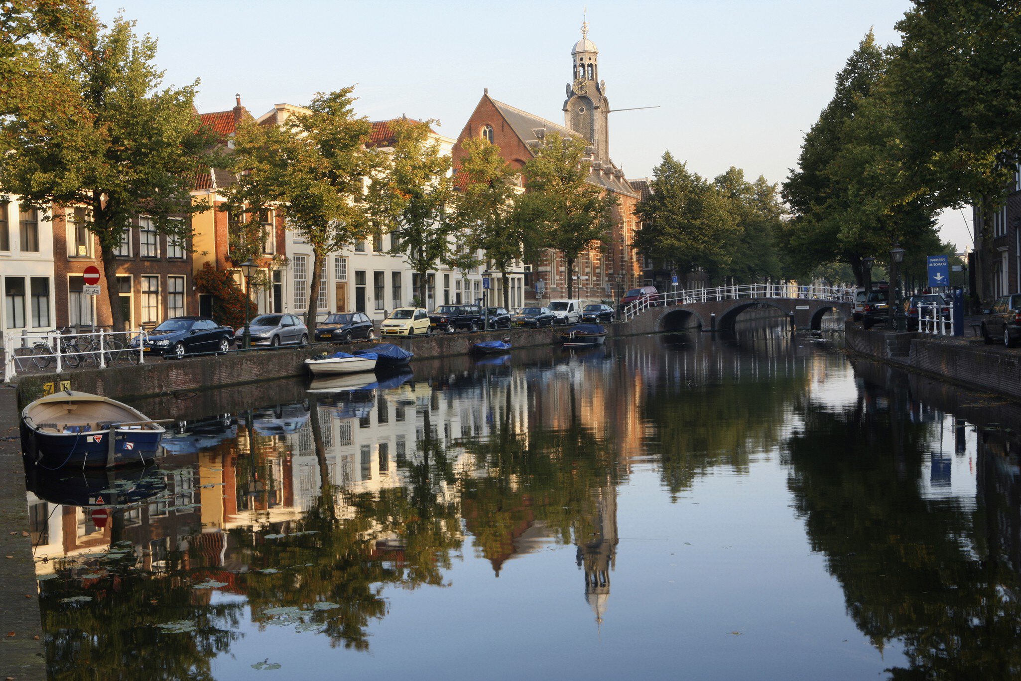 Netherlands, Leiden, view across canal with Leiden university's Academy Building on the right
