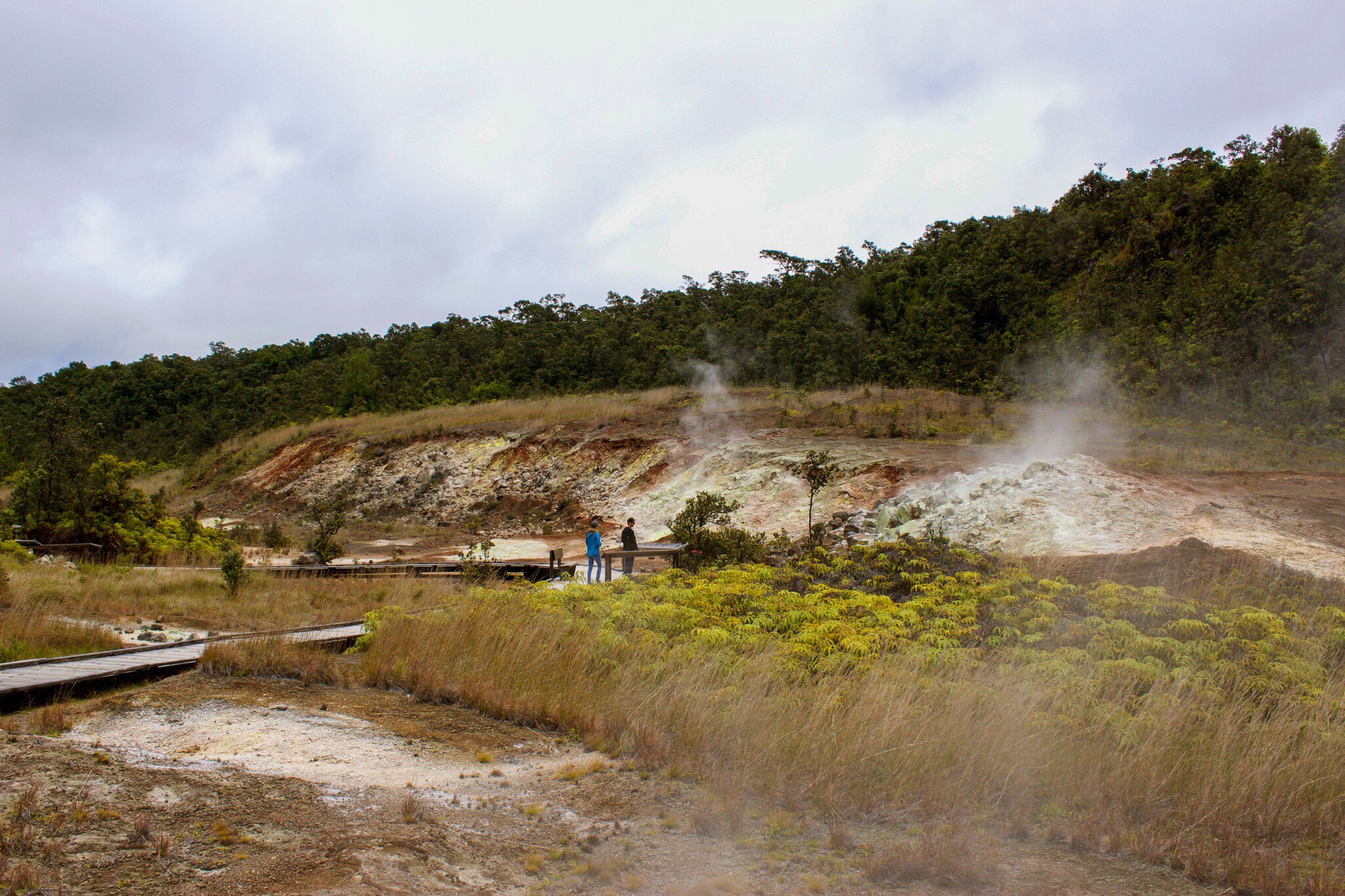 Tourists view the Sulphur banks that can be found walking along the boardwalk in Volcanoes National Park on the Big Island, Hawaii. Volcanic gases steam from the ground as sulphur vents / steam vents
1285860174
steam vents, sulphur vents, volcanoe...