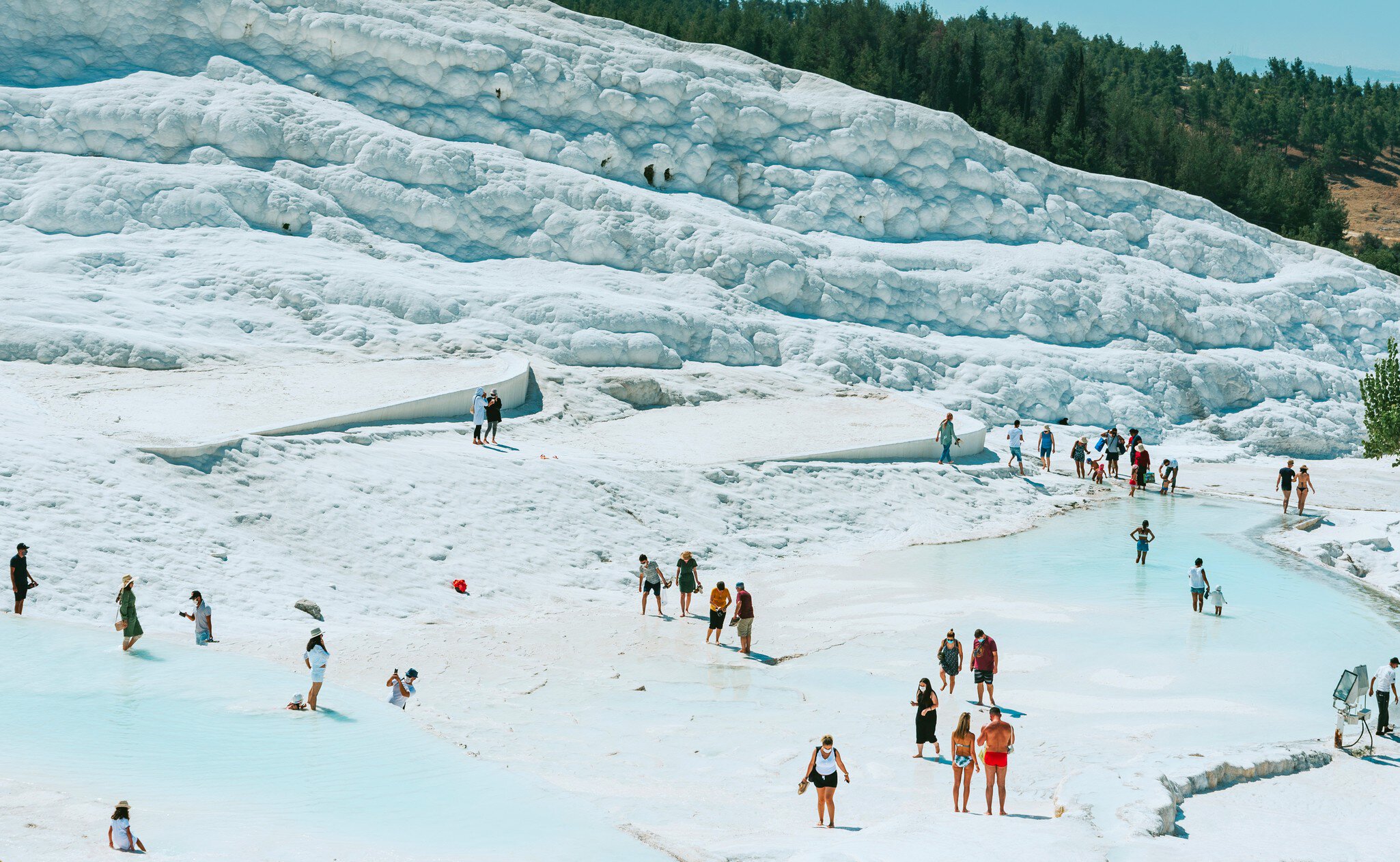 Visitors walk barefoot across white travertine terraces and pale blue thermal pools below a pine-covered hill at Pamukkale