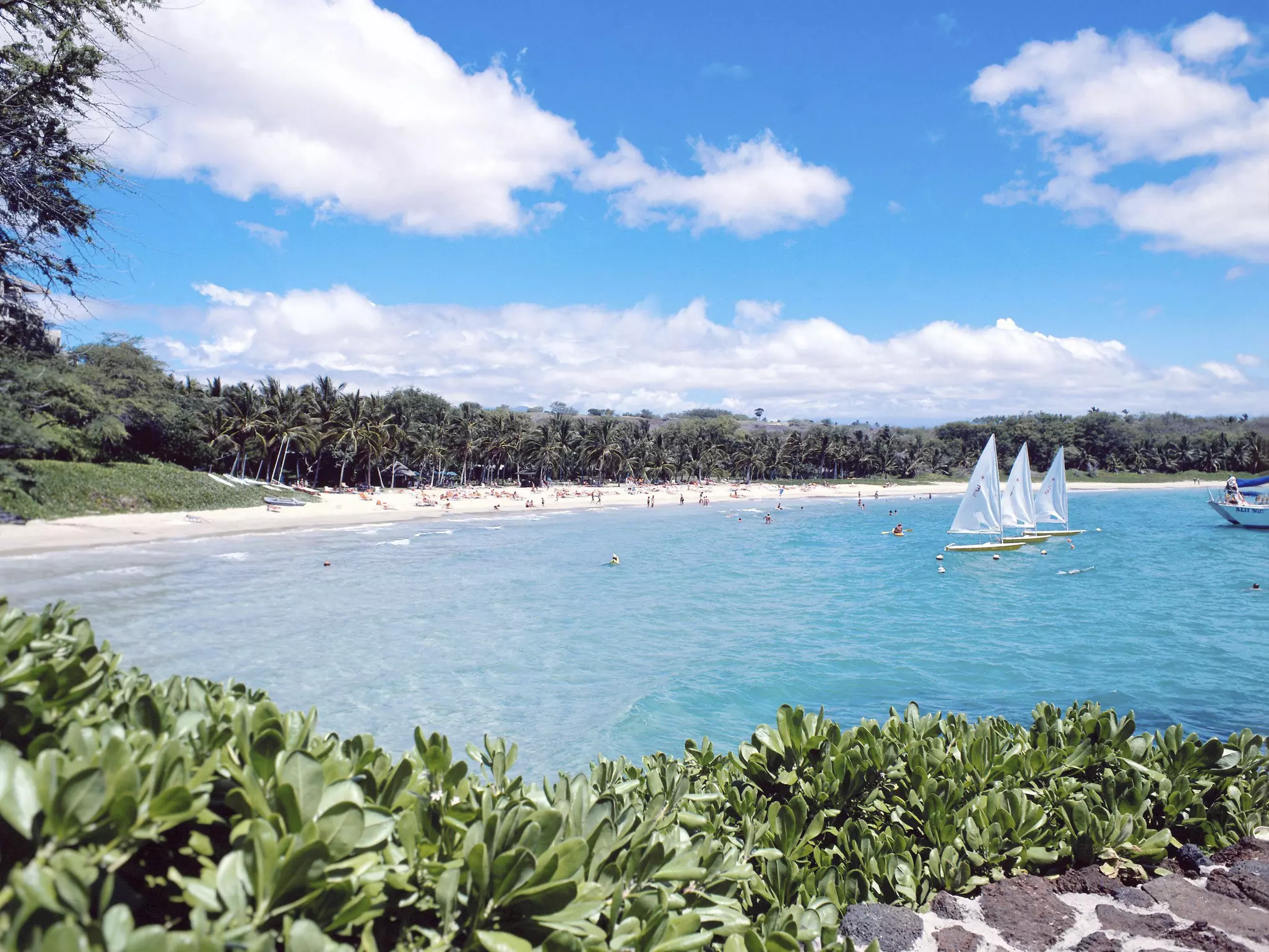 View of the beach from a headland with sailing boats, swimmers and white sand beach in the background. Blue skies above.