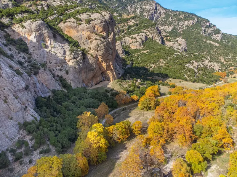 An aerial view of a rocky gorge with trees in autumn leaves