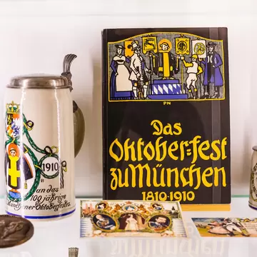 Mugs from Oktoberfest past are on display at the Museum of Bier & Oktoberfest in Munich, Germany.