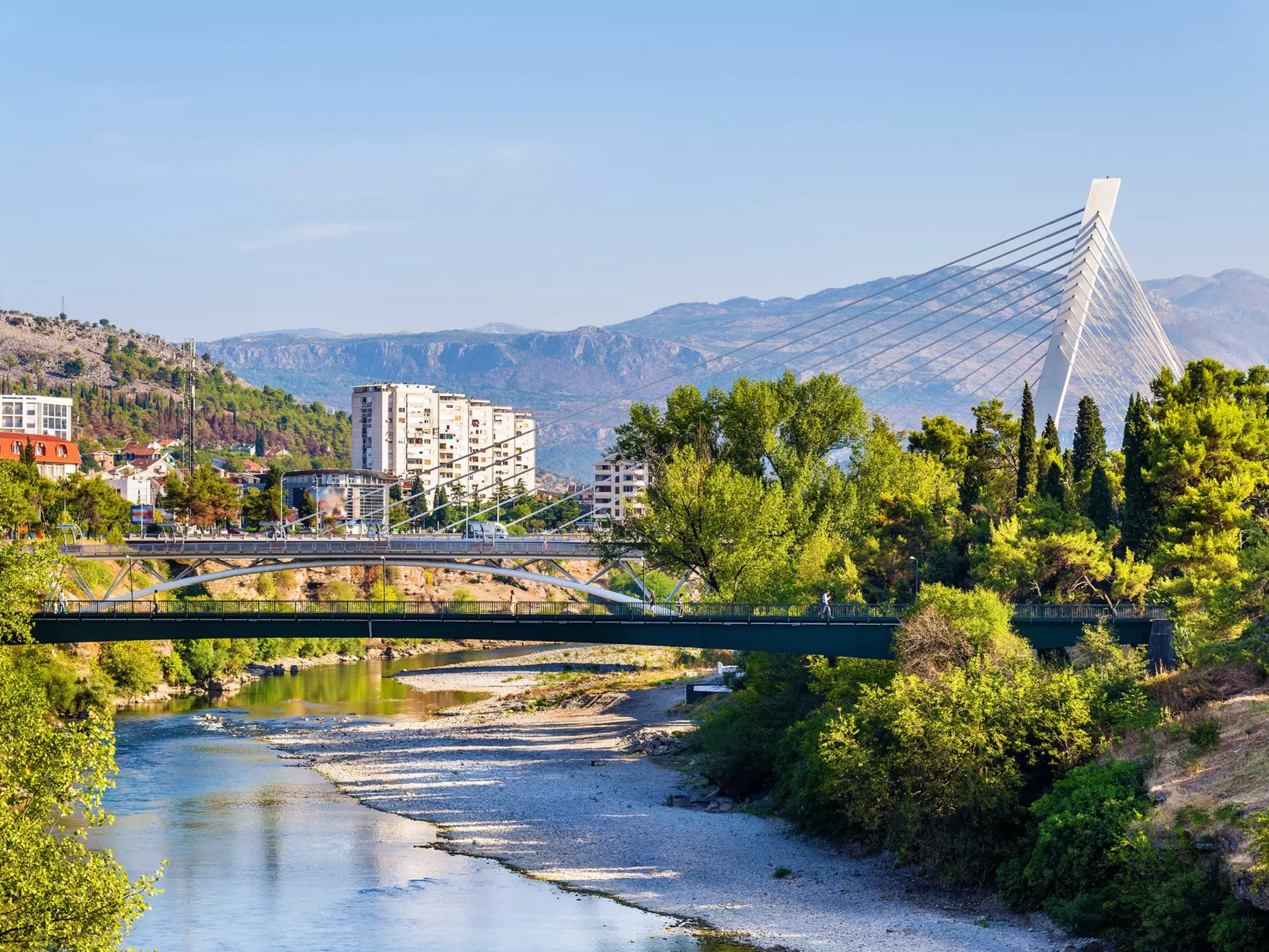 The Millennium Bridge over the Morača river in the centre of Podgorica. Leonid Andronov / Shutterstock