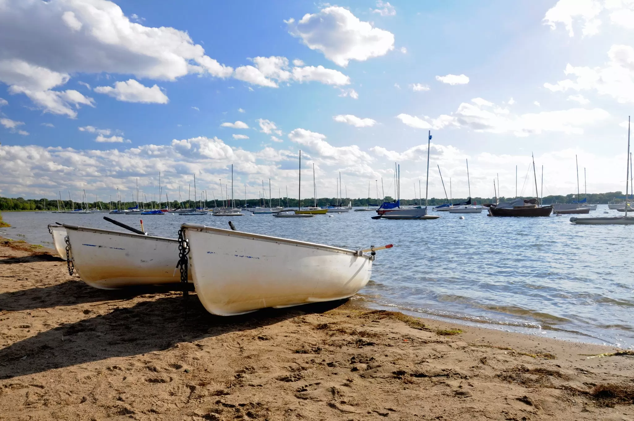 A calm sandy lakeshore in Minneapolis, Minnesota