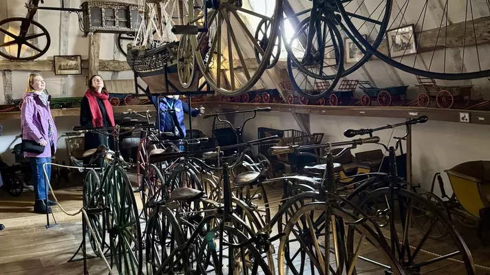A display of old-fashioned bicycles clustered on the floor and hanging from the ceiling. 