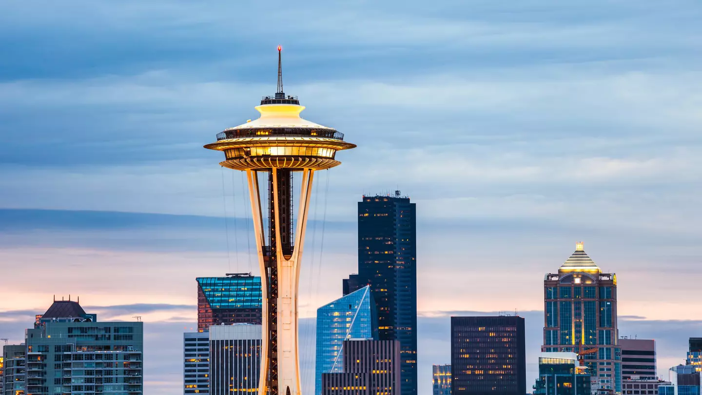 The Space Needle and skyline at dawn, Seattle
