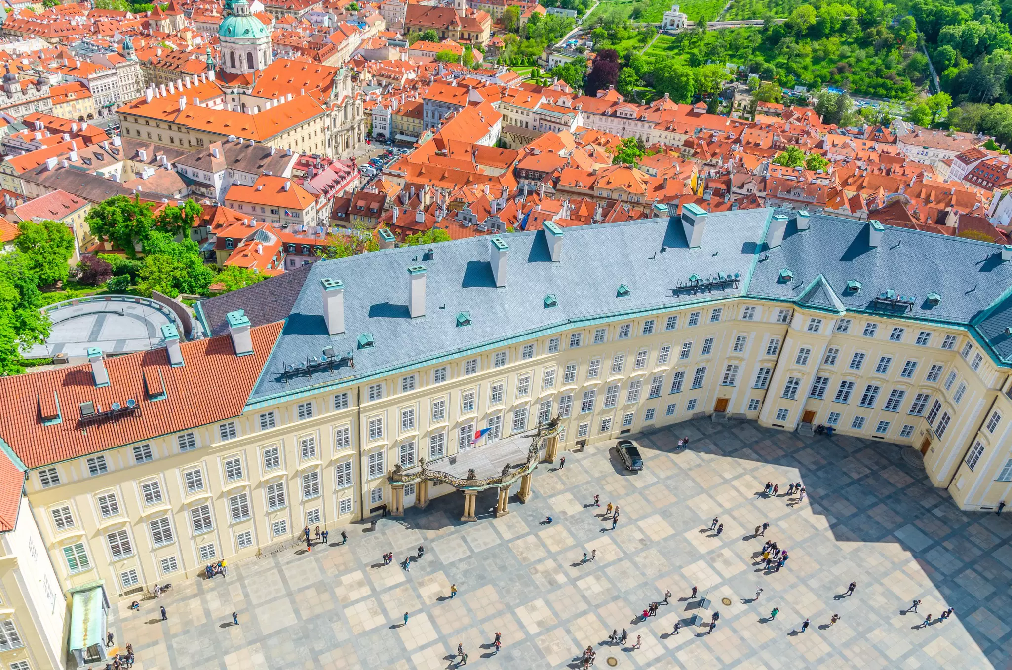 Aerial view of the Old Royal Palace within Prague Castle on a sunny day in Prague, Czechia.