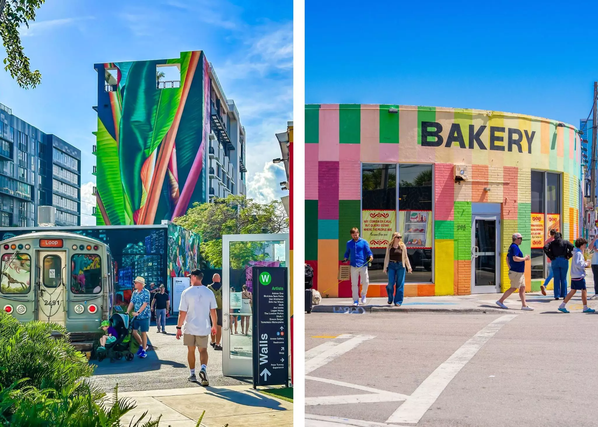 Left, people walking around walls with graffiti on them; right, the colorful entrance of a bakery.