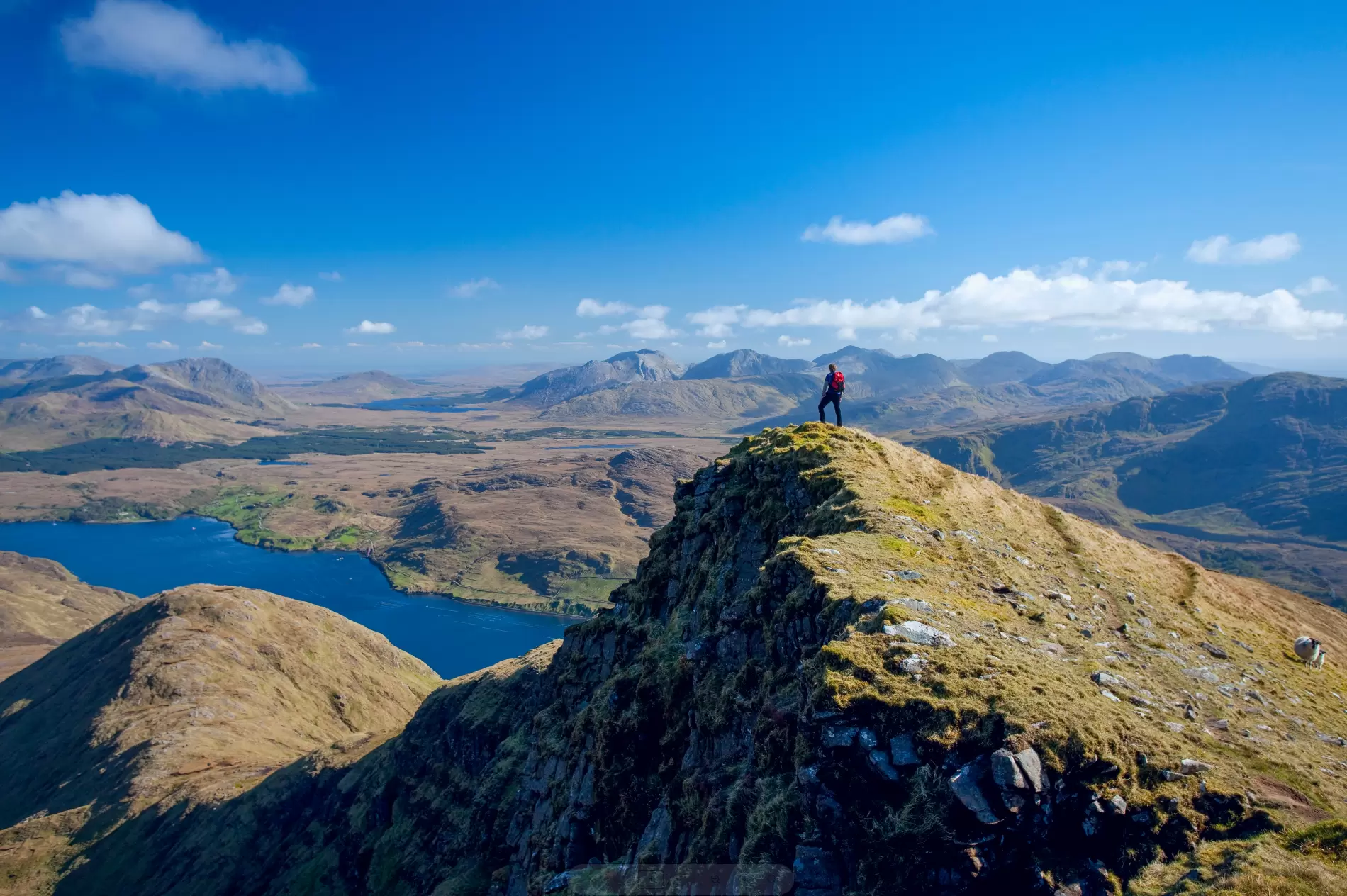 A wide shot of hikers in on a rocky mountain in Connemara, Ireland