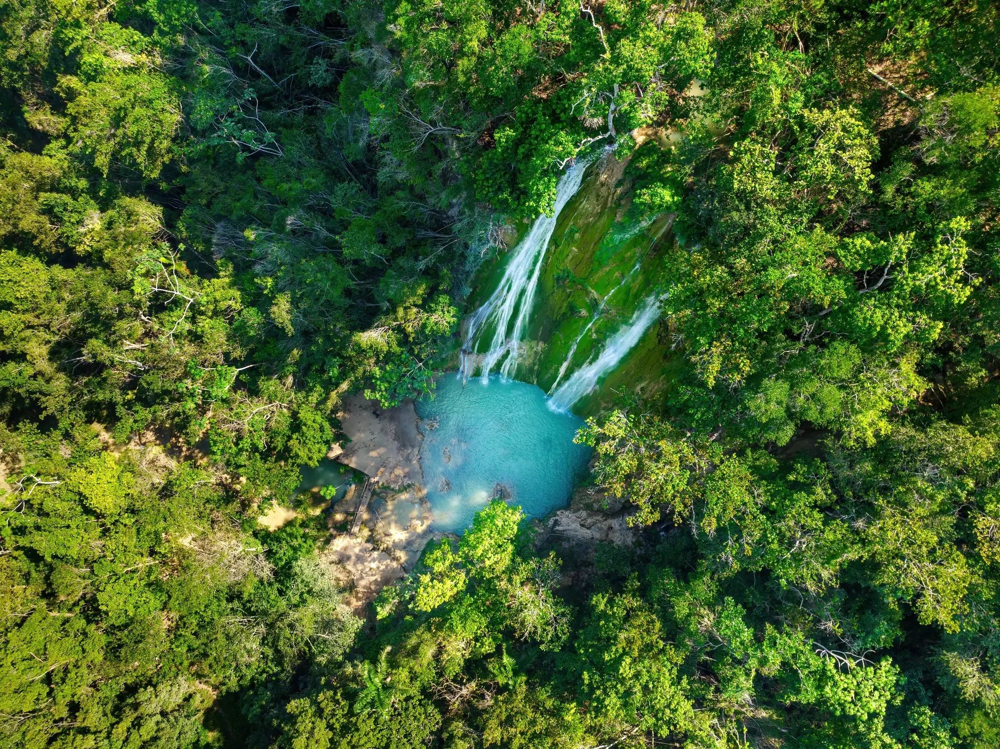 A turquoise pool fed by two waterfalls is surrounded by lush green forest in the Dominican Republic.