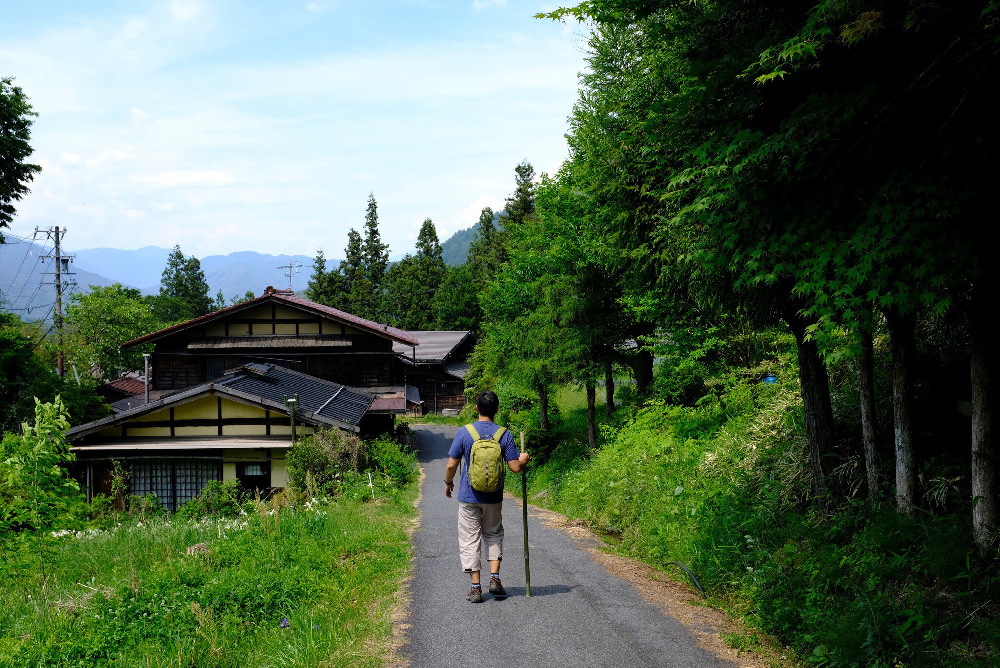 A hiker with a backpack and a walking stick on a paved path in a green landscape.