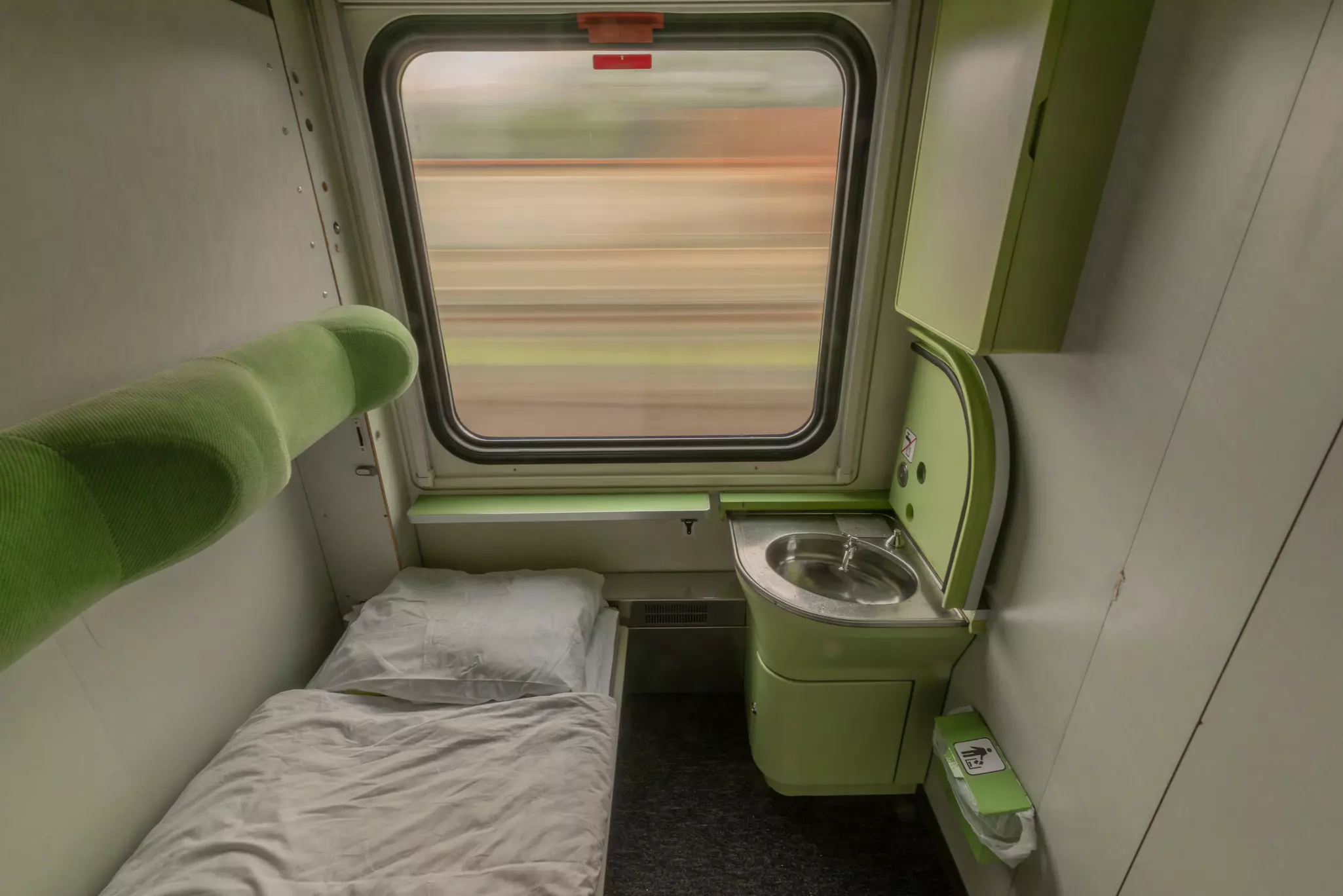 A single compartment with a wash basin on a night train to Prague, Czechia.