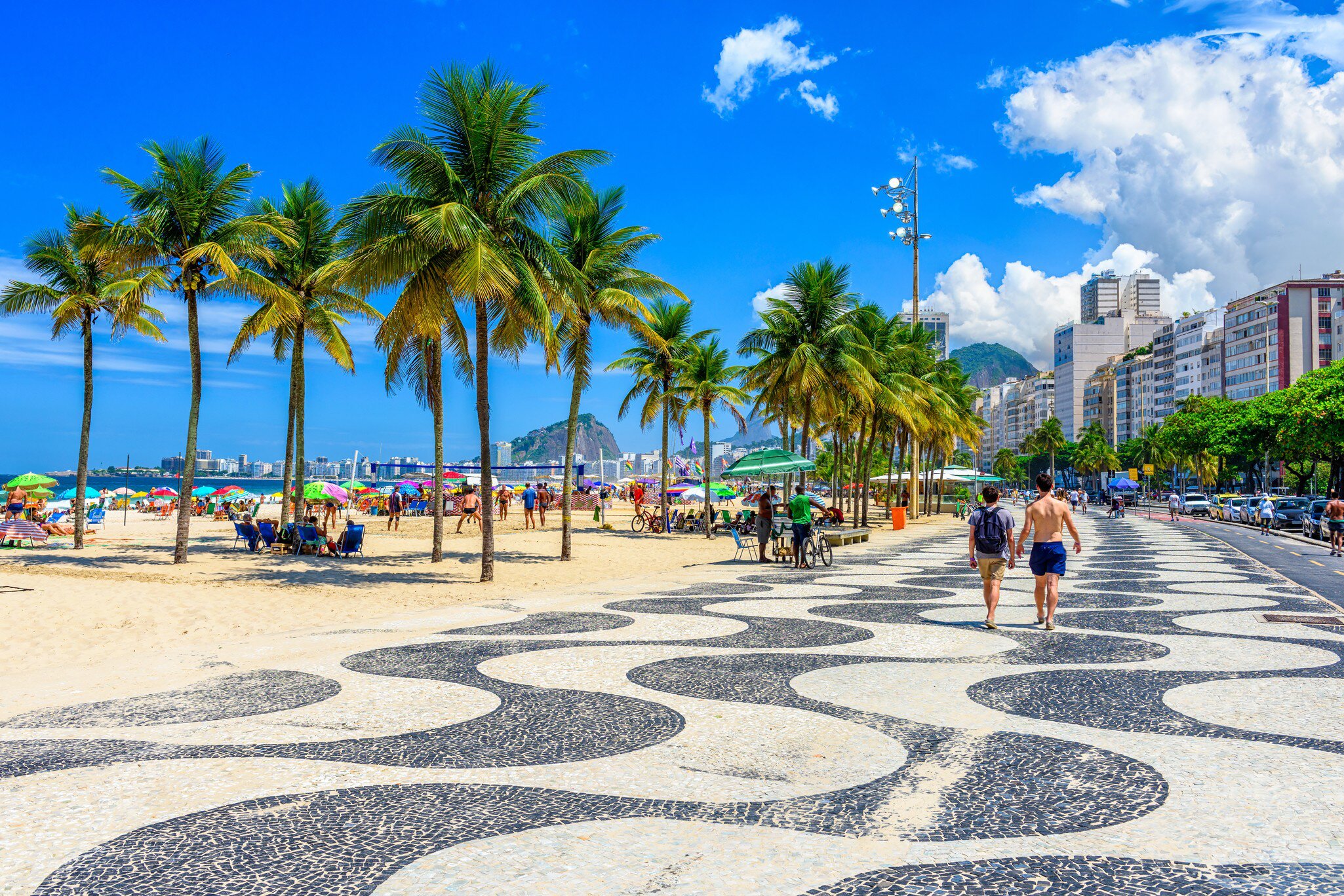 View of Copacabana beach and Leme beach with palms and mosaic of sidewalk in Rio de Janeiro, Brazil. Copacabana beach is the most famous beach of Rio de Janeiro, Brazil. cityscape of Rio de Janeiro  License Type: media  Download Time: 2023-05-20T12:19:09.000Z  User: claramonitto  Is Editorial: No  purchase_order:   