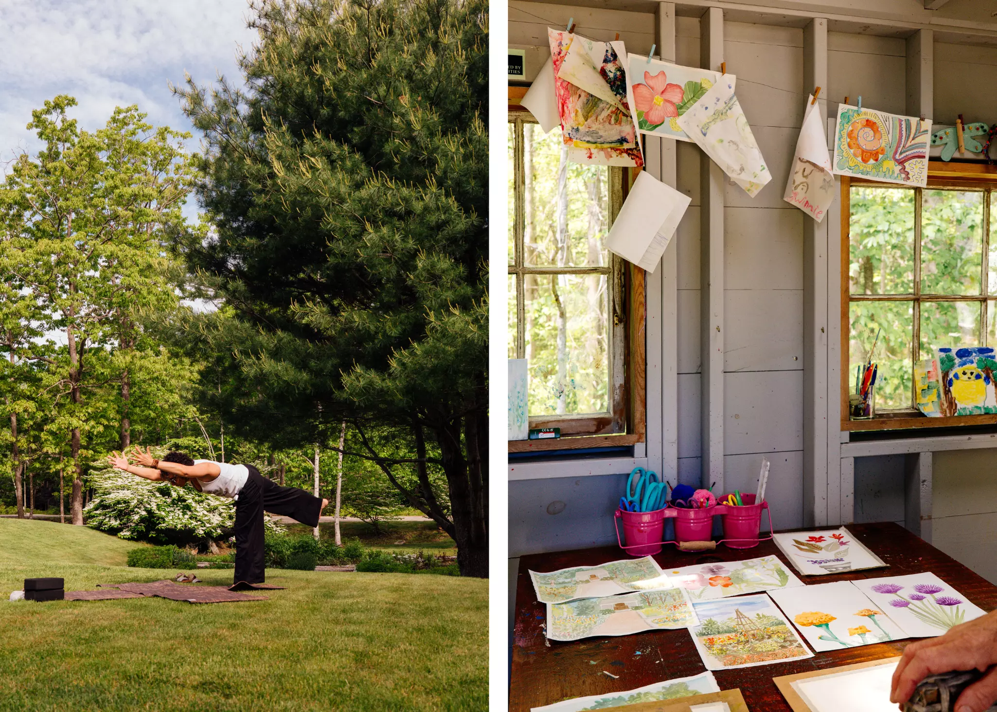 Left: Watercolor class in the outdoor art studio at Hidden Pond, Maine. Right: Outdoor yoga class at Hidden Pond, Maine. Katelyn Perry/Lonely Planet
