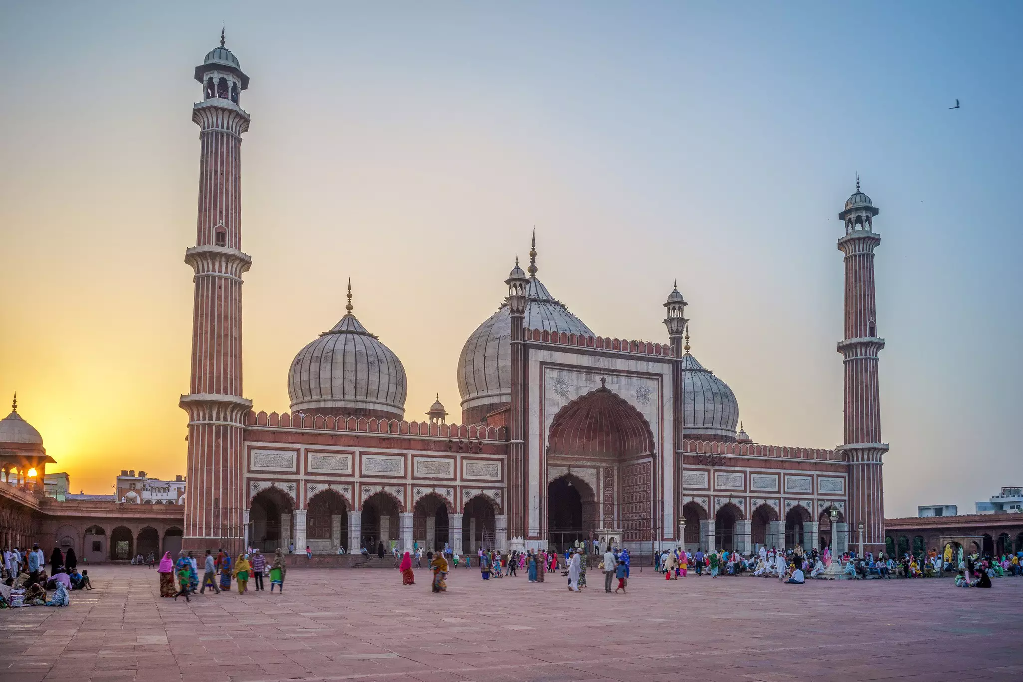 Sunset in the courtyard of the Jama Masjid in Old Delhi, India.