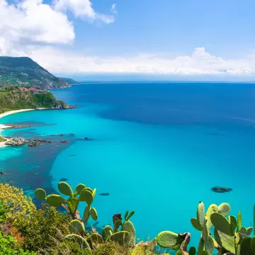 Prickly pear cactus above white sandy beaches and a turquoise bay along the coast at Capo Vaticano, Calabria