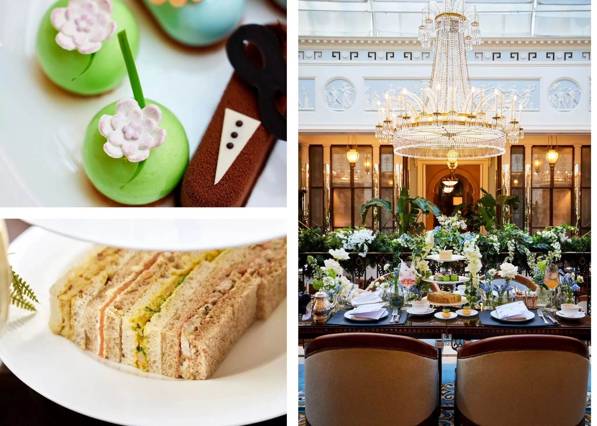 Collage with Petit fours; interior of Lanesborough Grill; finger sandwiches at The Lanesborough