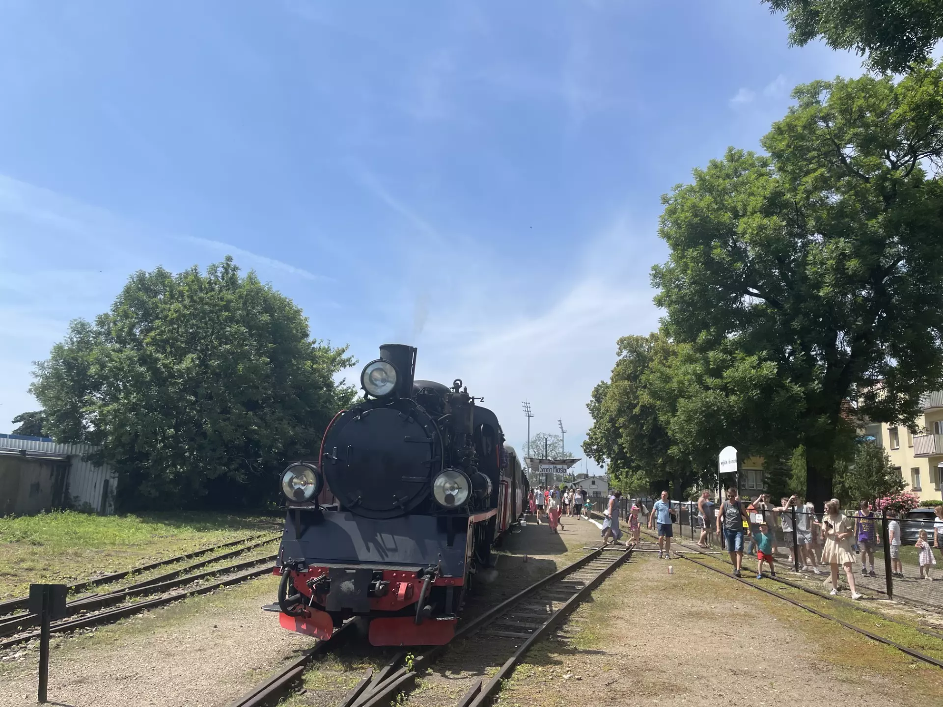 People walking near a steam locomotive
