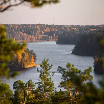 A lake in the middle of dense forest in Finland in autumn.