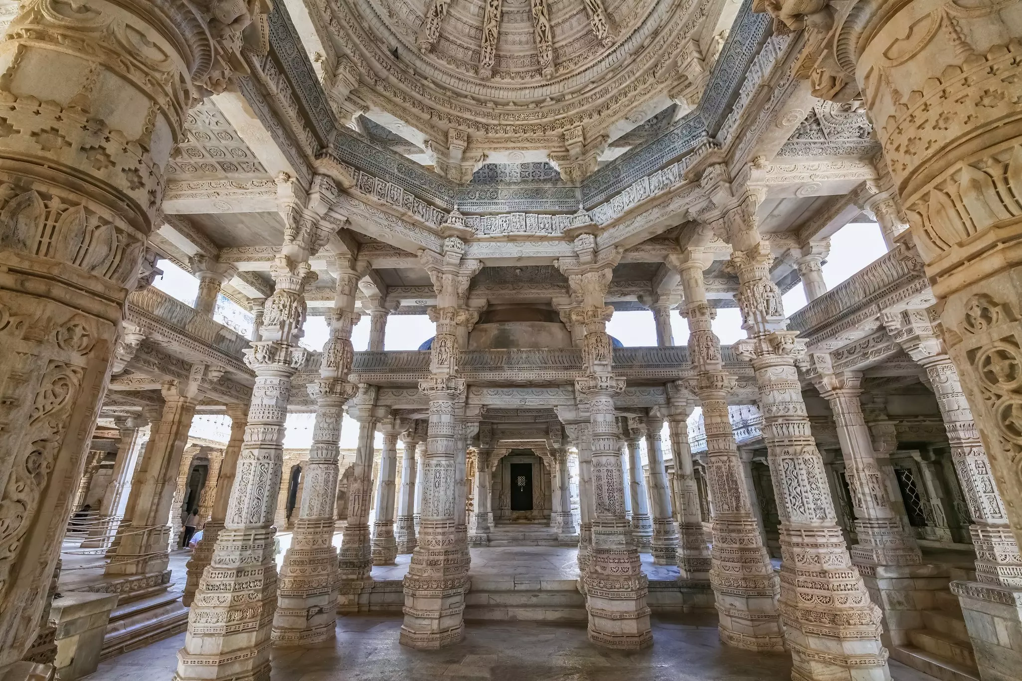 Intricately carved columns and roof bosses at the Delwara temples in Mt Abu, Rajasthan, India.