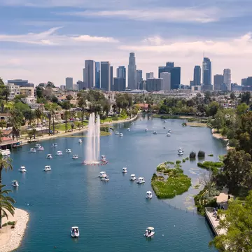 Aerial view of Echo Park with downtown Los Angeles skyline.