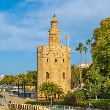 View of the Golden Tower or Torre del Oro in Seville, Spain.